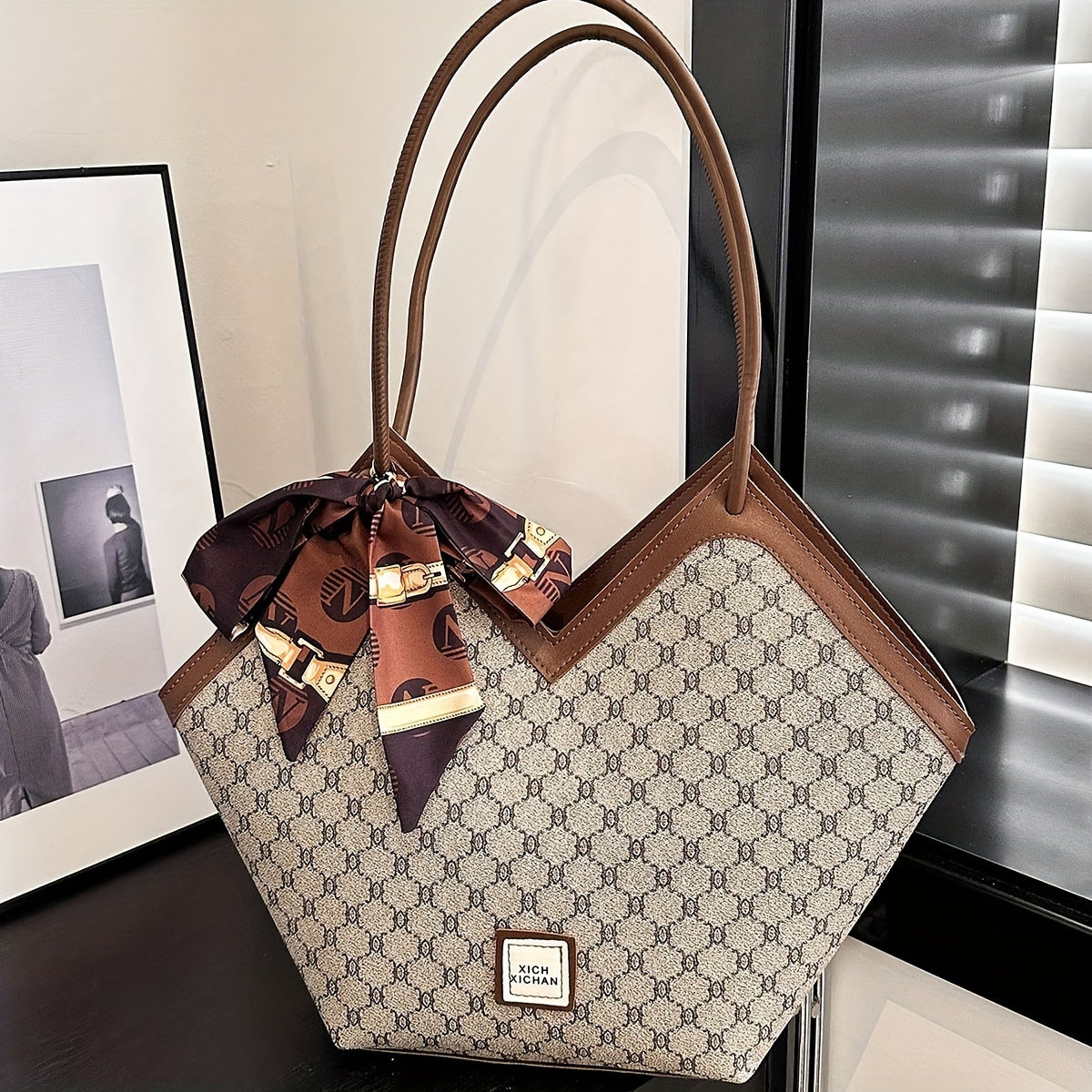 LABOONOO Women'S Vintage-Inspired Tote Bag with Scarf - Elegant, Large Capacity, Zip Closure, Grey & Beige Pattern, Perfect for Casual or Retro Outfits