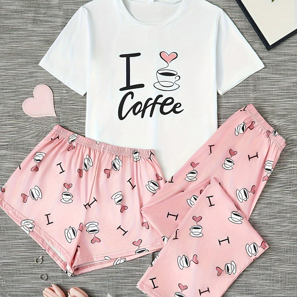 Women's Homewear Casual Coffee Print Cute Sweet Short Sleeve Shorts Pants Three-pcs Pajama Set