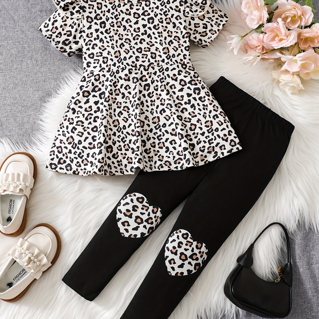Toddler Girls 2pcs Leopard Print Outfits Flutter Trim Short Sleeve Top + Pants Set Summer Party Gift