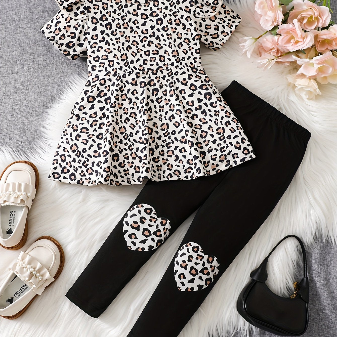 Toddler Girls 2pcs Leopard Print Outfits Flutter Trim Short Sleeve Top + Pants Set Summer Party Gift