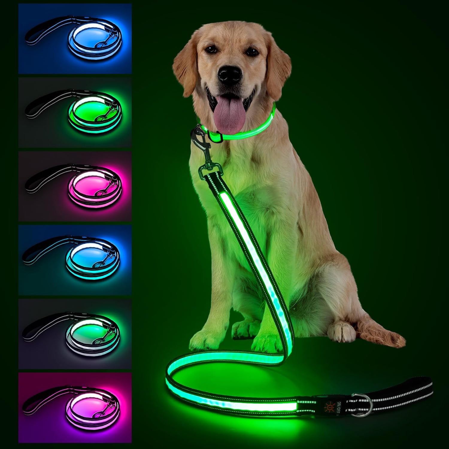 2pcs-4 Feet LED Light-Up Dog Leash and Dog Collar | 7 Lighting Modes, Night Light, Reflective, Double-Sided Light-Up, Rechargeable, with Soft Padded Handle, Safe for Nighttime Dog Walking, Suitable for Small to Large Pets: Pe
