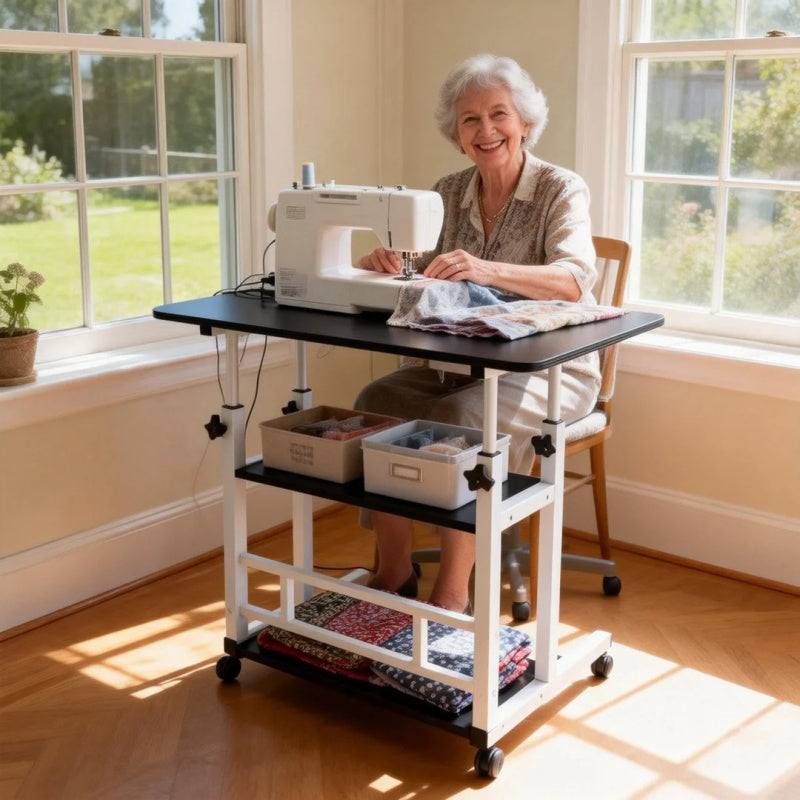 Height-Adjustable Mobile Table with Lockable Wheels, Reinforced Frame Folding Side Table, Black And White Handmade Art Workstation, Small Space Storage Table for Bedroom, Living Room, Or Study, Ideal Gift for Crafters, Artist