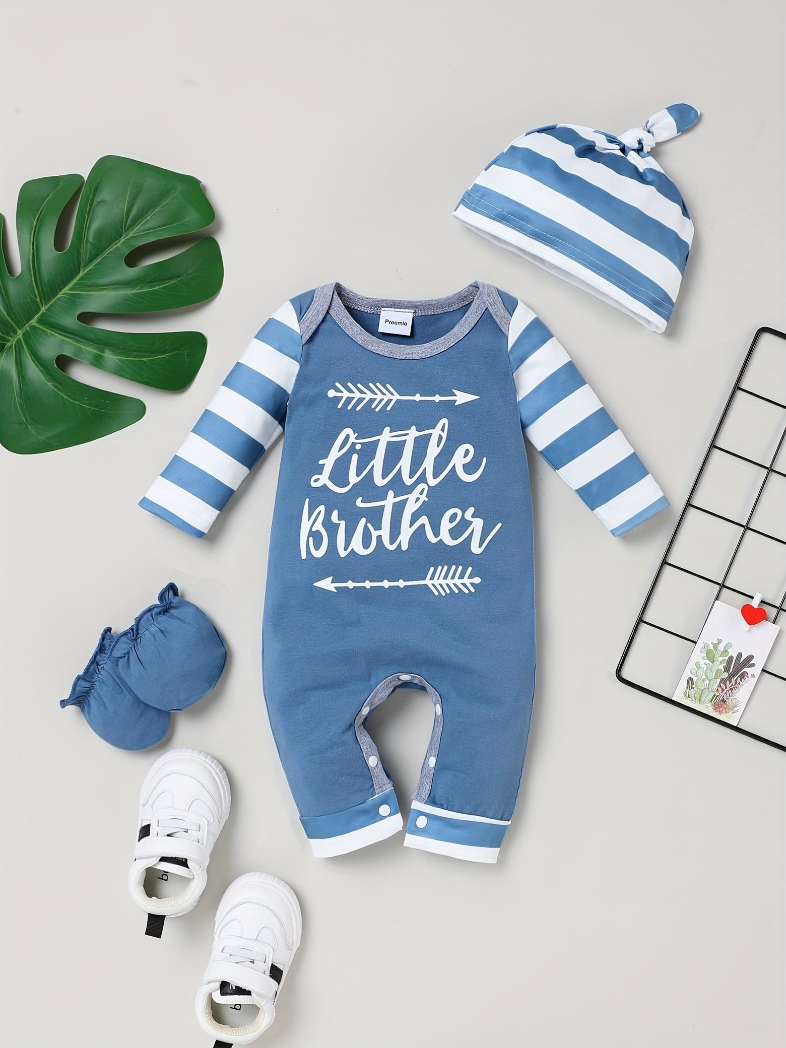 4pcs Infant Baby Boys LITTLE BROTHER Letter Pattern Long Sleeve One-piece Romper & Hat & Gloves Set, Newborn Outfits Gift