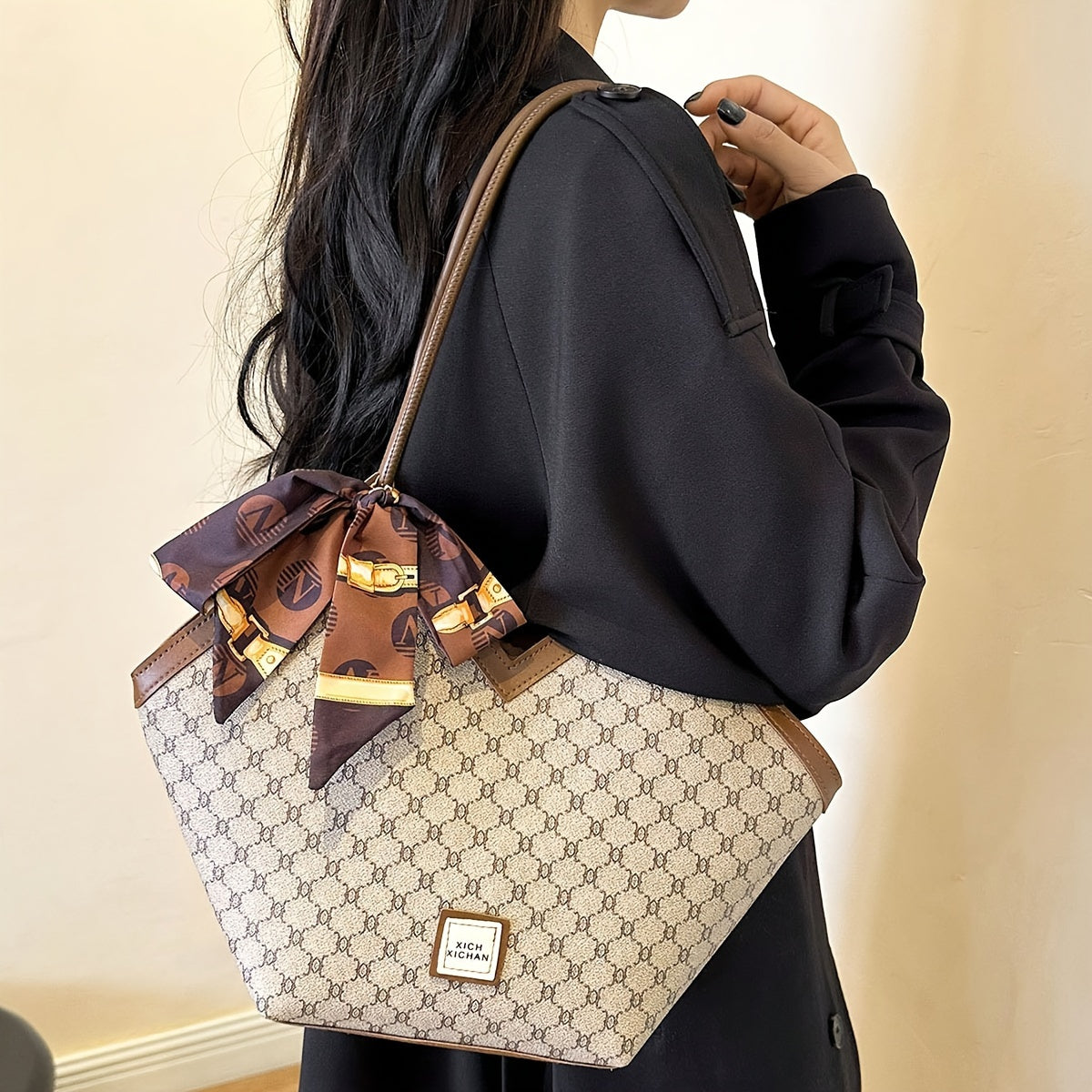 LABOONOO Women'S Vintage-Inspired Tote Bag with Scarf - Elegant, Large Capacity, Zip Closure, Grey & Beige Pattern, Perfect for Casual or Retro Outfits