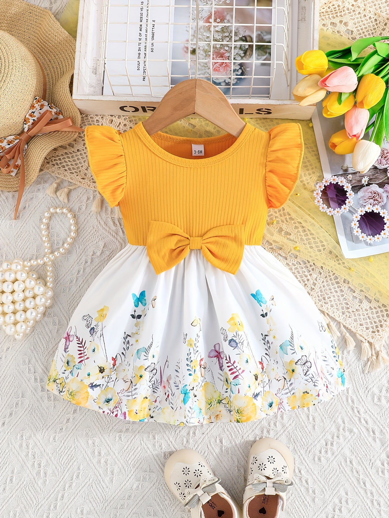 's Floral Print Summer Dress with Ruffled Short Sleeves & A-Line Silhouette - Pink & White Flower Skirt, Machine Washable Lightweight Playwear for Birthdays, Garden Parties, Everyday Outfits