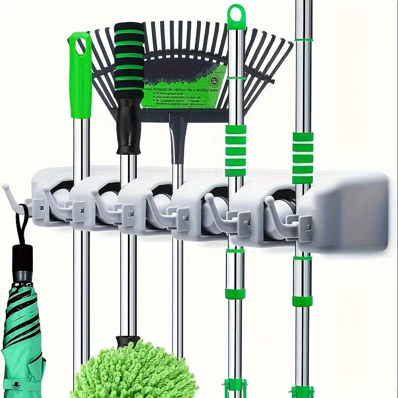 Wall Mounted Broom & Tool Organizer | 5 Slots 6 Hooks Storage Rack