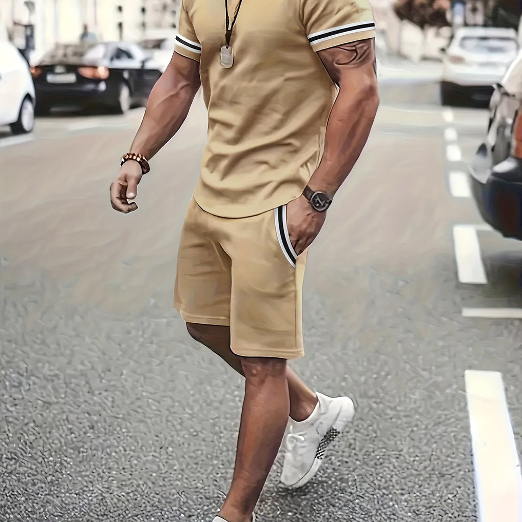 Men's Short Sleeve T-shirt & Drawstring Shorts 2pcs Casual Sports Regular Tee Top Pants Suit Outfits For Spring Summer, As Gifts