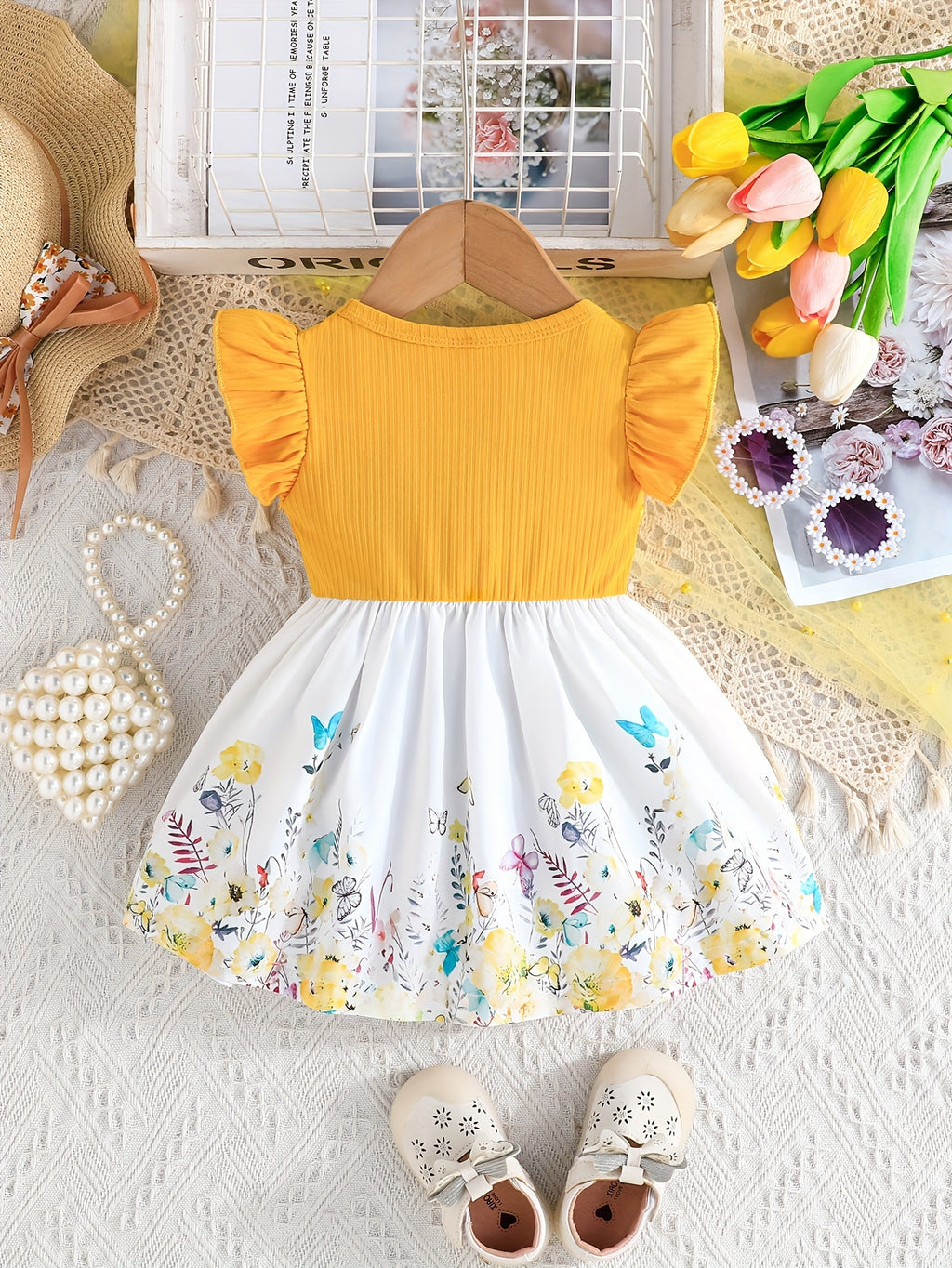 's Floral Print Summer Dress with Ruffled Short Sleeves & A-Line Silhouette - Pink & White Flower Skirt, Machine Washable Lightweight Playwear for Birthdays, Garden Parties, Everyday Outfits