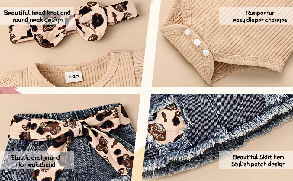 Baby Girl Clothes Newborn Romper Ruffle Sleeve Short Jeans Skirt With Headband Infant Outfits Set 0-18 Months, for Outdoor