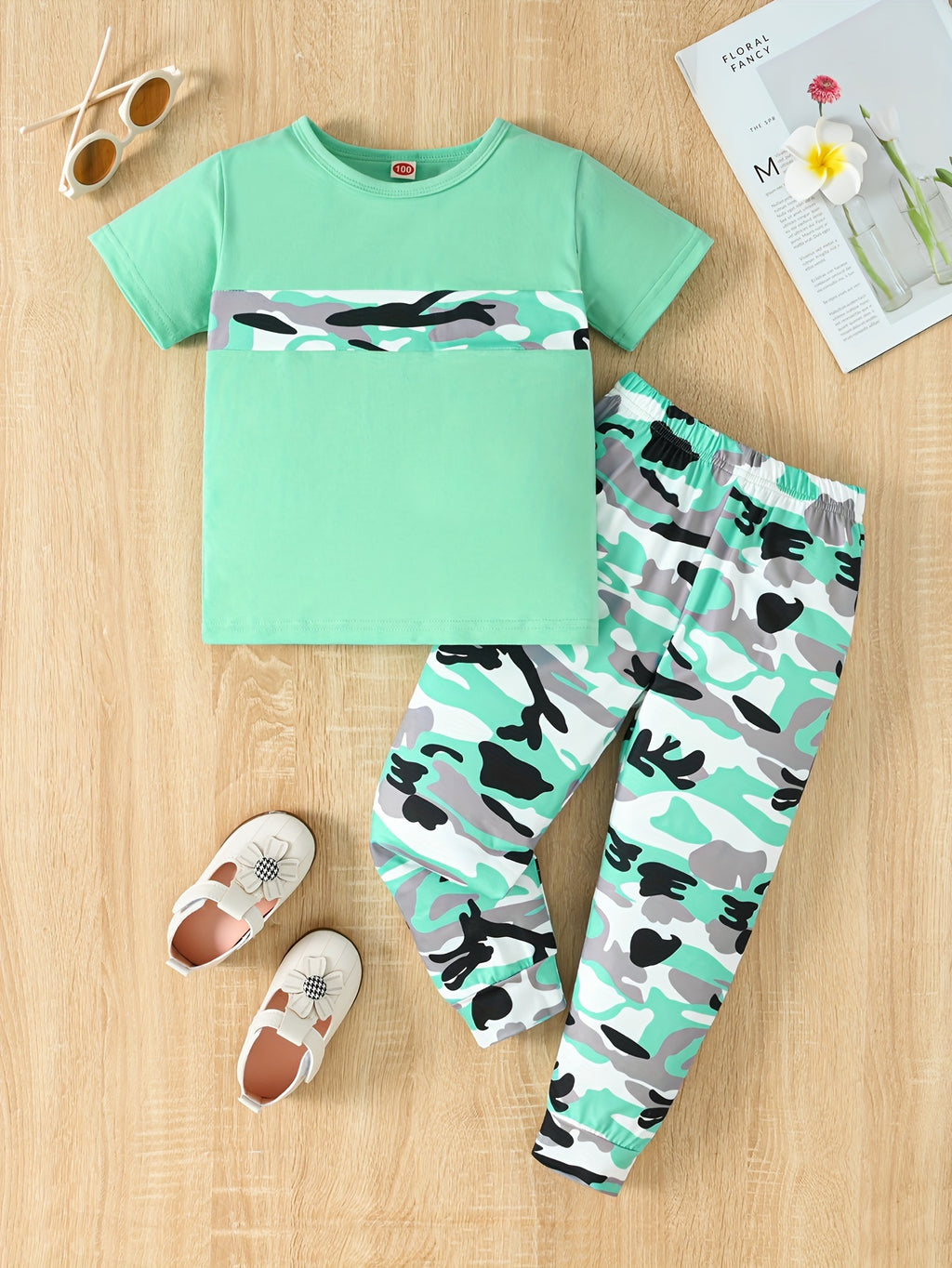 2pcs Girls' Camo Pattern Outfits Set - Casual Short Sleeve T-shirt + Pants, Machine Washable Polyester with Slight Stretch - Spring/Summer/Fall Essentials | Color Block Design | Random Printing