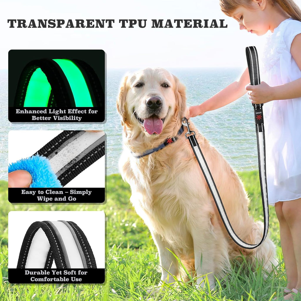 2pcs-4 Feet LED Light-Up Dog Leash and Dog Collar | 7 Lighting Modes, Night Light, Reflective, Double-Sided Light-Up, Rechargeable, with Soft Padded Handle, Safe for Nighttime Dog Walking, Suitable for Small to Large Pets: Pe