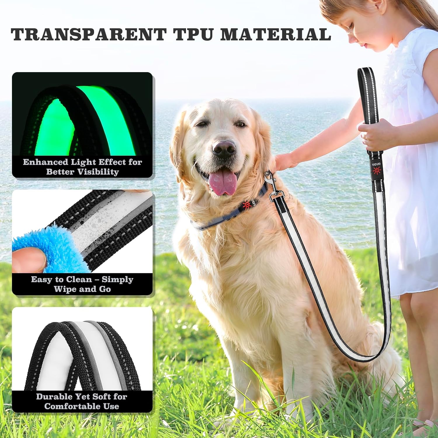 2pcs-4 Feet LED Light-Up Dog Leash and Dog Collar | 7 Lighting Modes, Night Light, Reflective, Double-Sided Light-Up, Rechargeable, with Soft Padded Handle, Safe for Nighttime Dog Walking, Suitable for Small to Large Pets: Pe