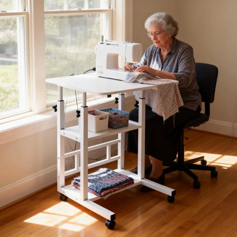 Height-Adjustable Mobile Table with Lockable Wheels, Reinforced Frame Folding Side Table, Black And White Handmade Art Workstation, Small Space Storage Table for Bedroom, Living Room, Or Study, Ideal Gift for Crafters, Artist
