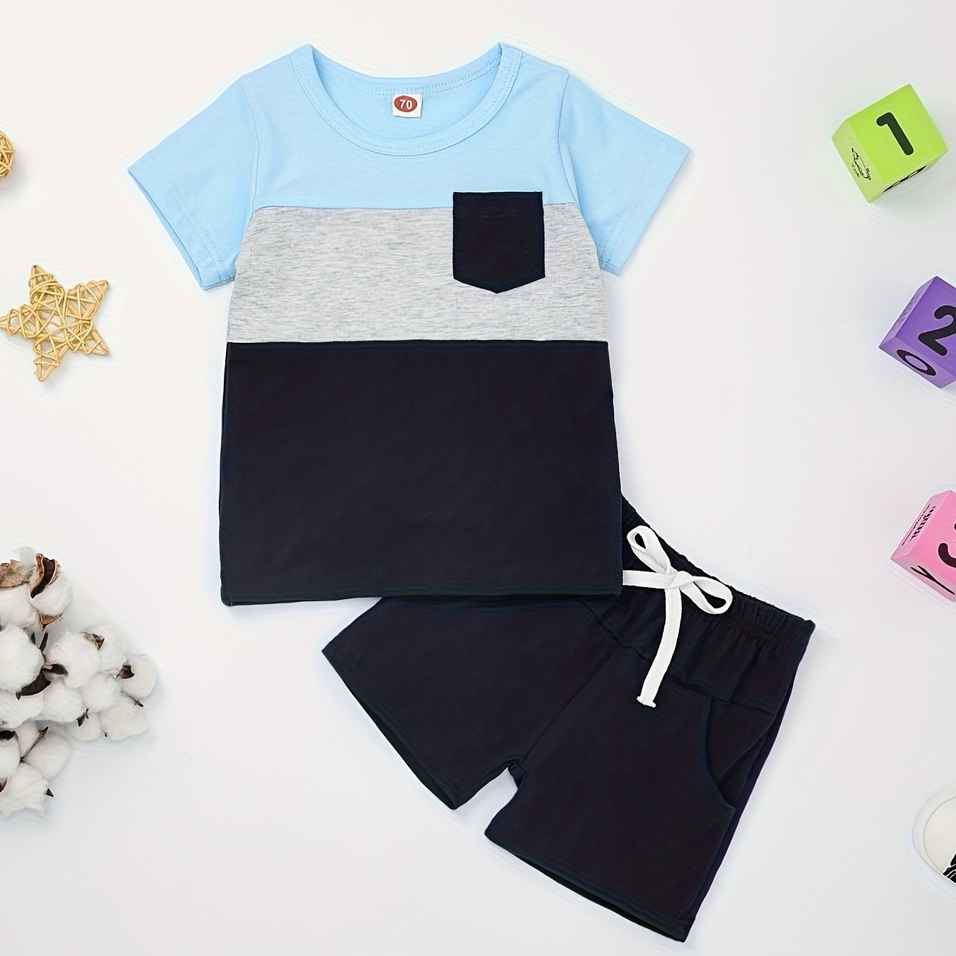 Baby Boy Clothes Toddler Boy Summer Outfits Short Sleeve Patchwork Top T-shirt & Pocket Pant Set 2 Piece 12 Months-4T