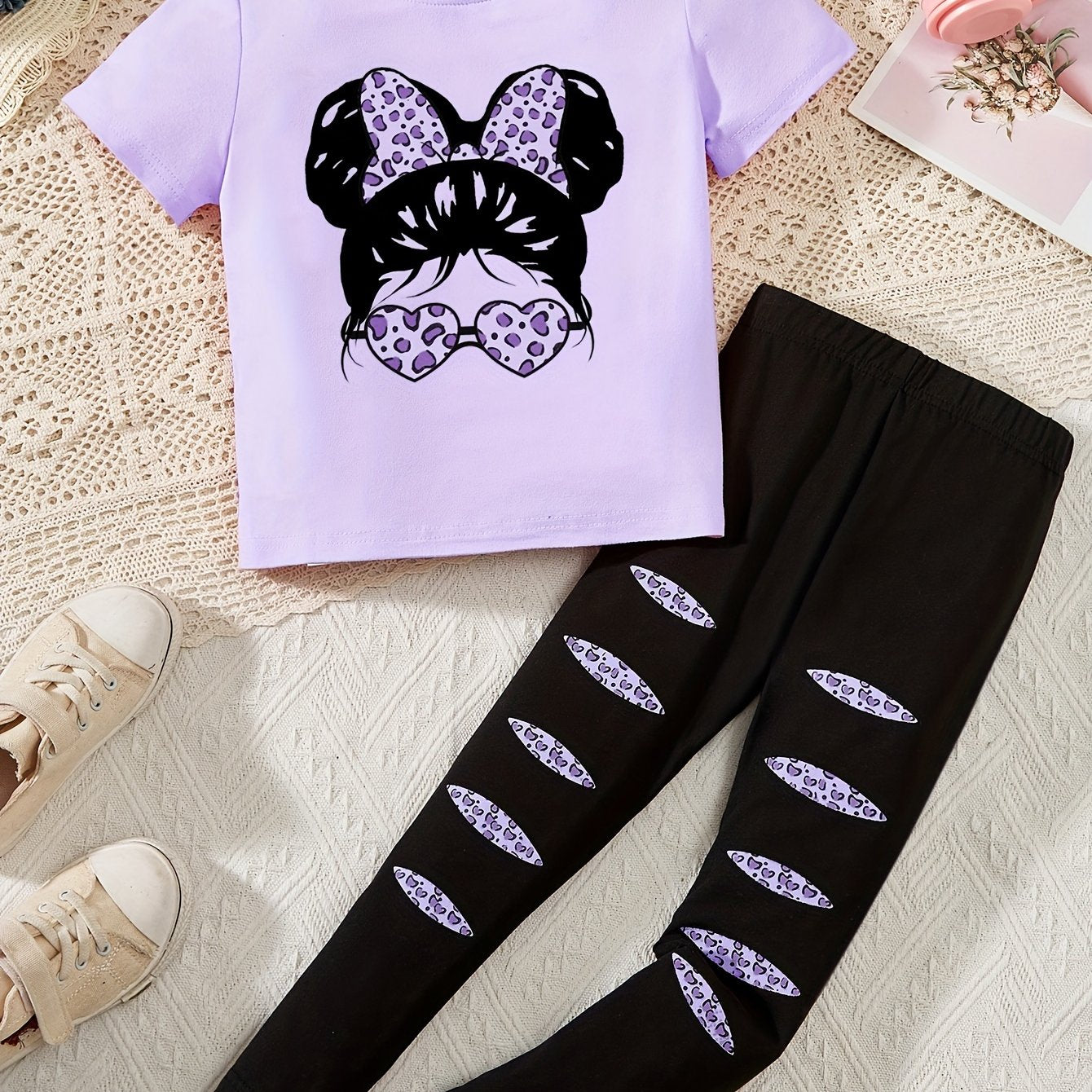 2pcs Cartoon Girl Graphic Outfits Girls Comfy Pullover + Pants Set For Outdoor