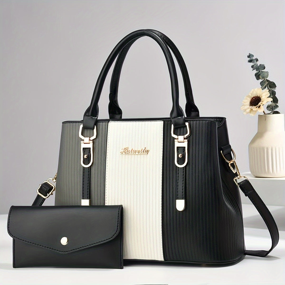 Stylish Colorblock Chic Tote Bag - Fashionable Shoulder & Crossbody Handbag with Detachable Strap, Zip Closure, Polyester Lined Interior, and Spacious Compartments for Organization - For Women - Perfect for Work, Shopping, Tr