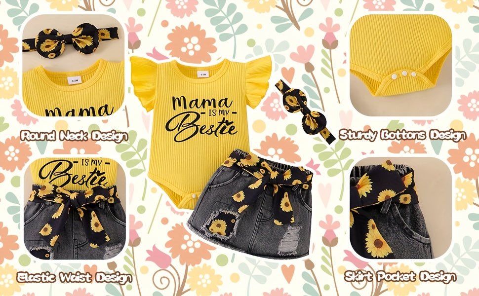 Baby Girl Clothes Newborn Romper Ruffle Sleeve Short Jeans Skirt With Headband Infant Outfits Set 0-18 Months, for Outdoor