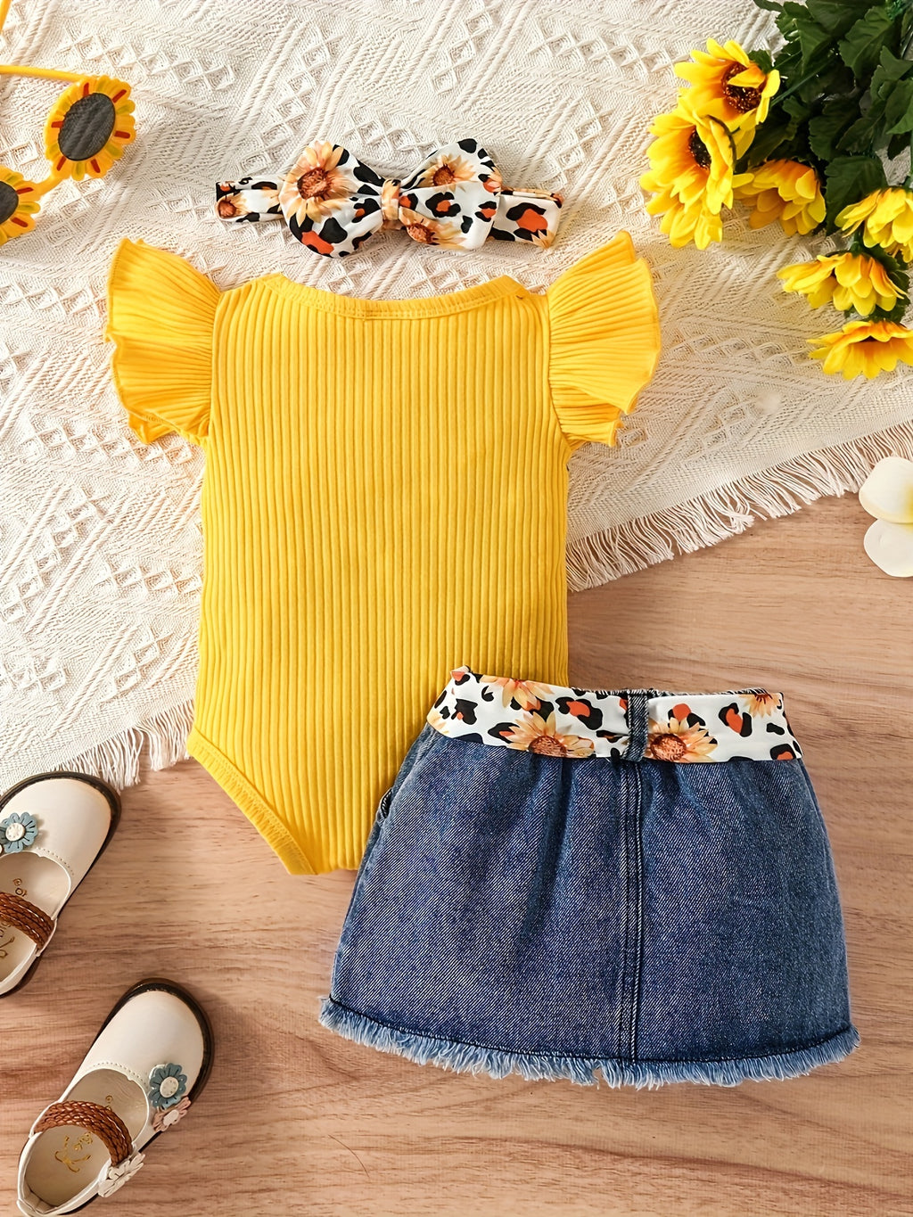 Baby Girl Clothes Newborn Romper Ruffle Sleeve Short Jeans Skirt With Headband Infant Outfits Set 0-18 Months, for Outdoor