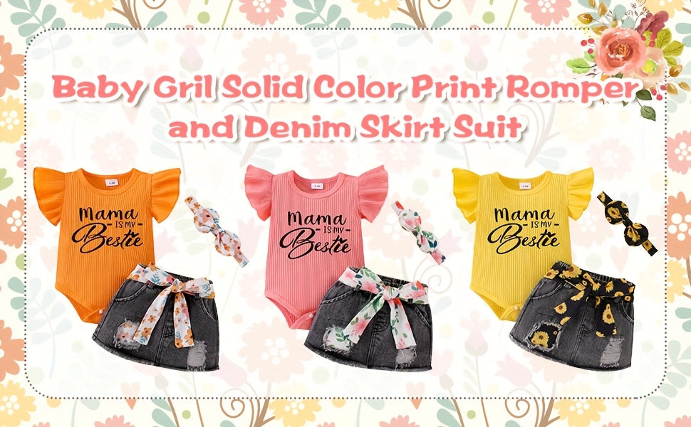 Baby Girl Clothes Newborn Romper Ruffle Sleeve Short Jeans Skirt With Headband Infant Outfits Set 0-18 Months, for Outdoor