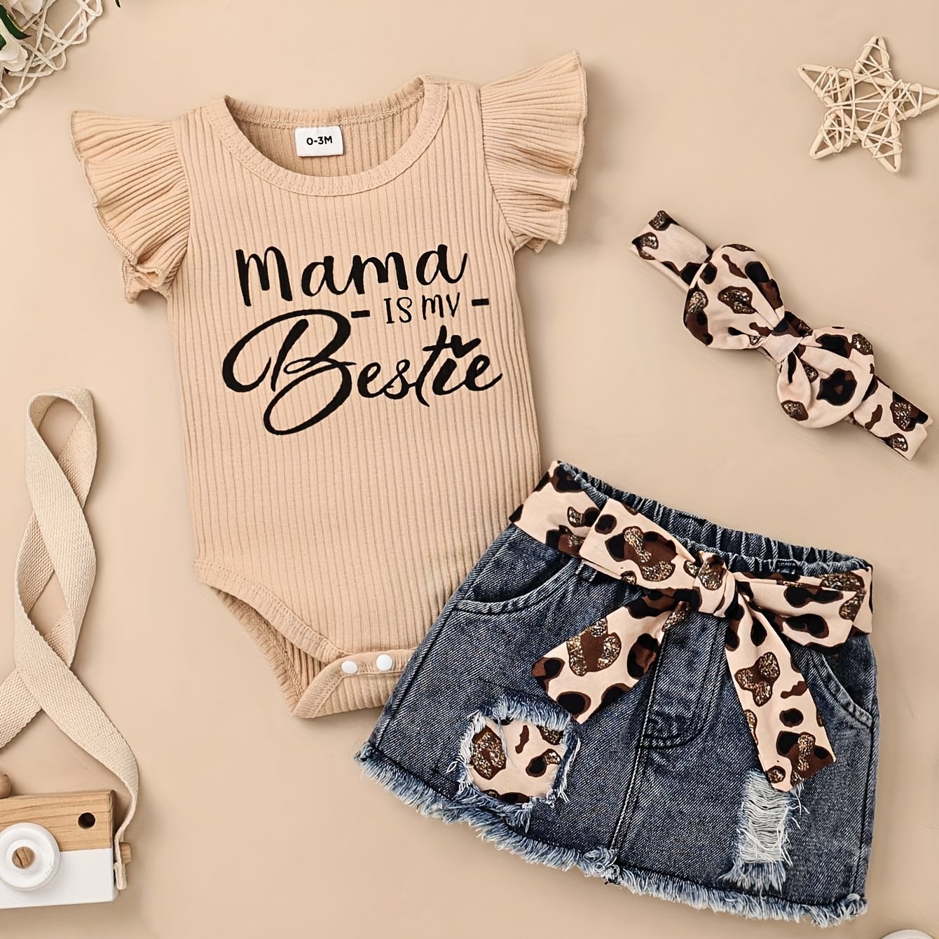 Baby Girl Clothes Newborn Romper Ruffle Sleeve Short Jeans Skirt With Headband Infant Outfits Set 0-18 Months, for Outdoor