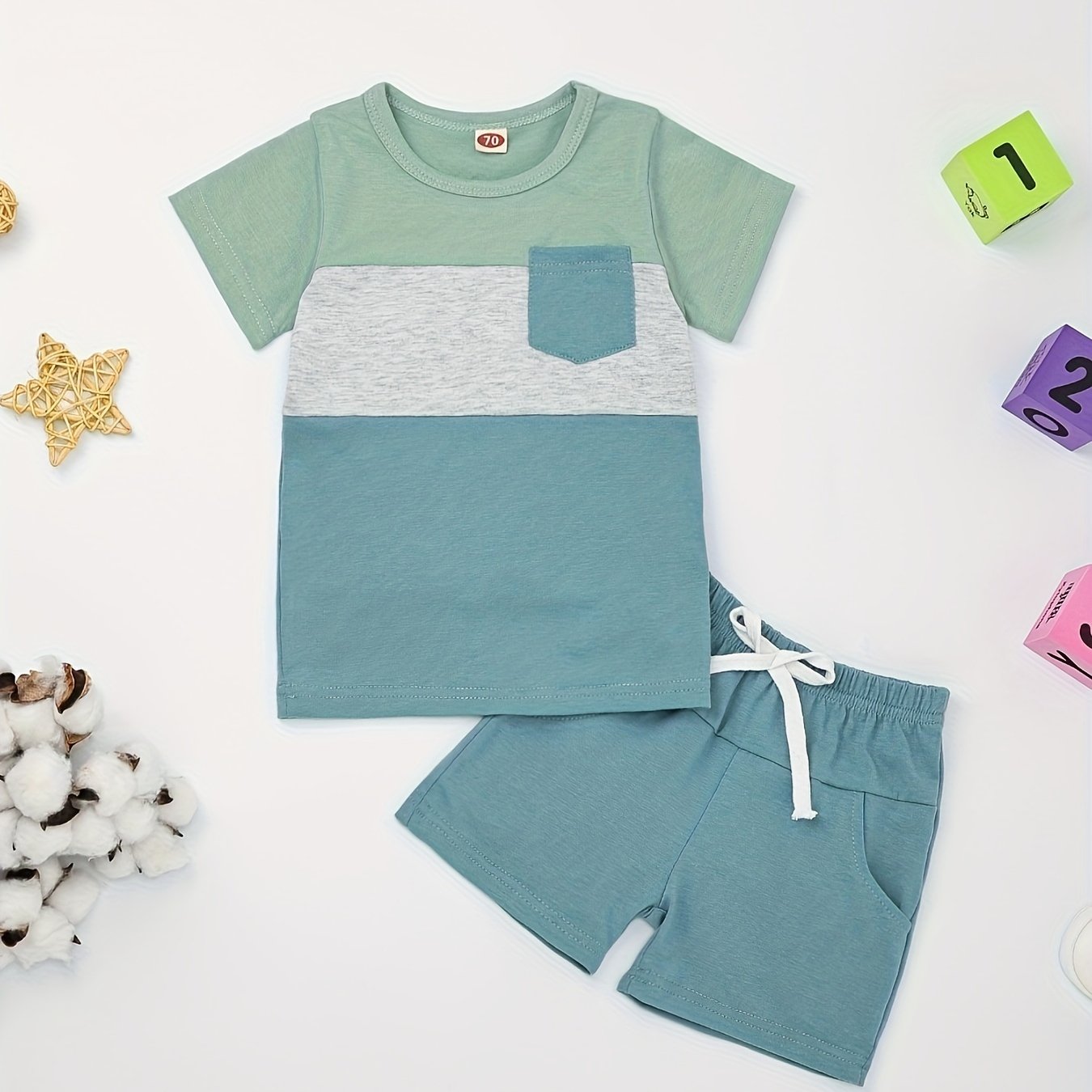 Baby Boy Clothes Toddler Boy Summer Outfits Short Sleeve Patchwork Top T-shirt & Pocket Pant Set 2 Piece 12 Months-4T