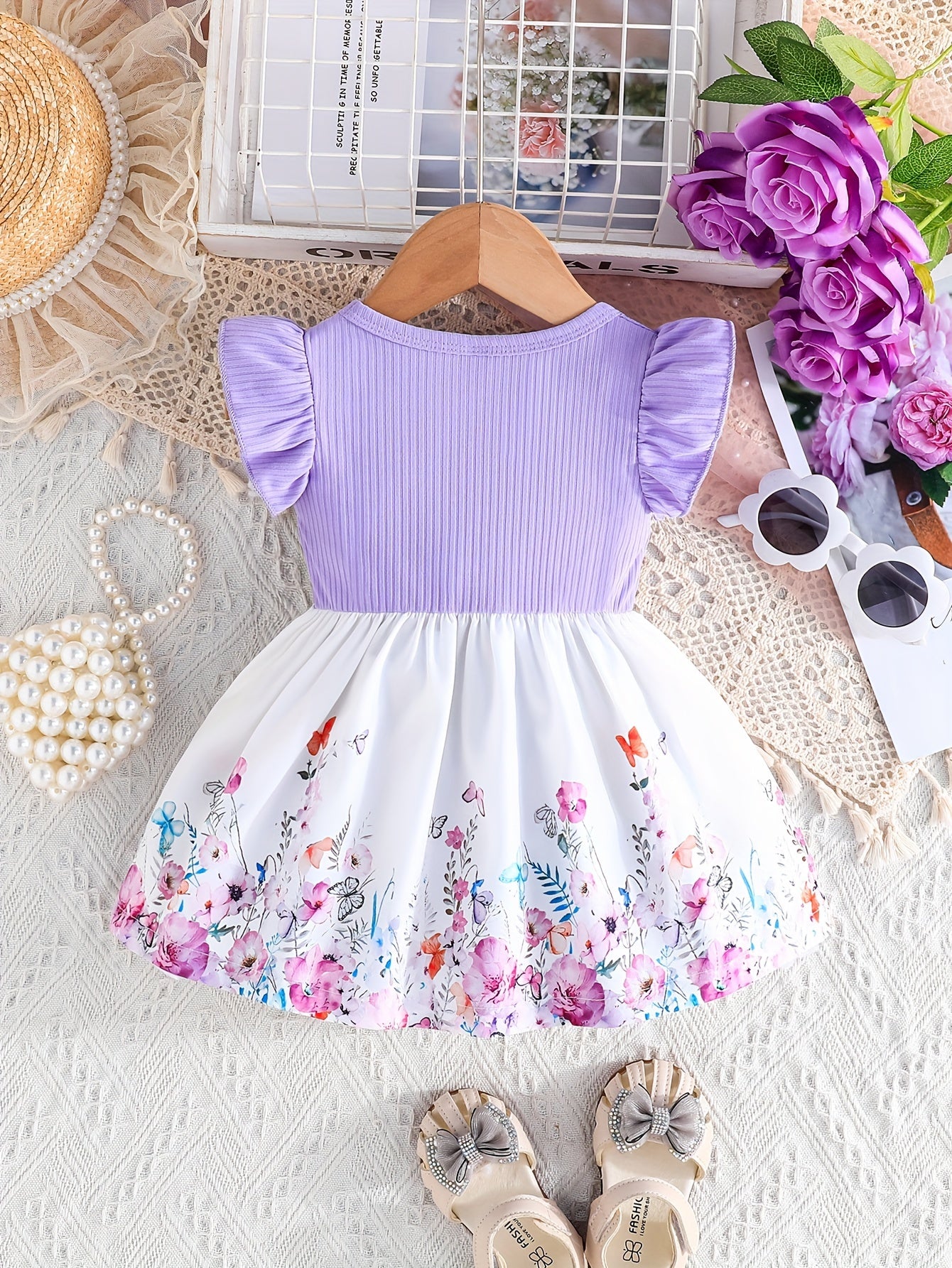 's Floral Print Summer Dress with Ruffled Short Sleeves & A-Line Silhouette - Pink & White Flower Skirt, Machine Washable Lightweight Playwear for Birthdays, Garden Parties, Everyday Outfits