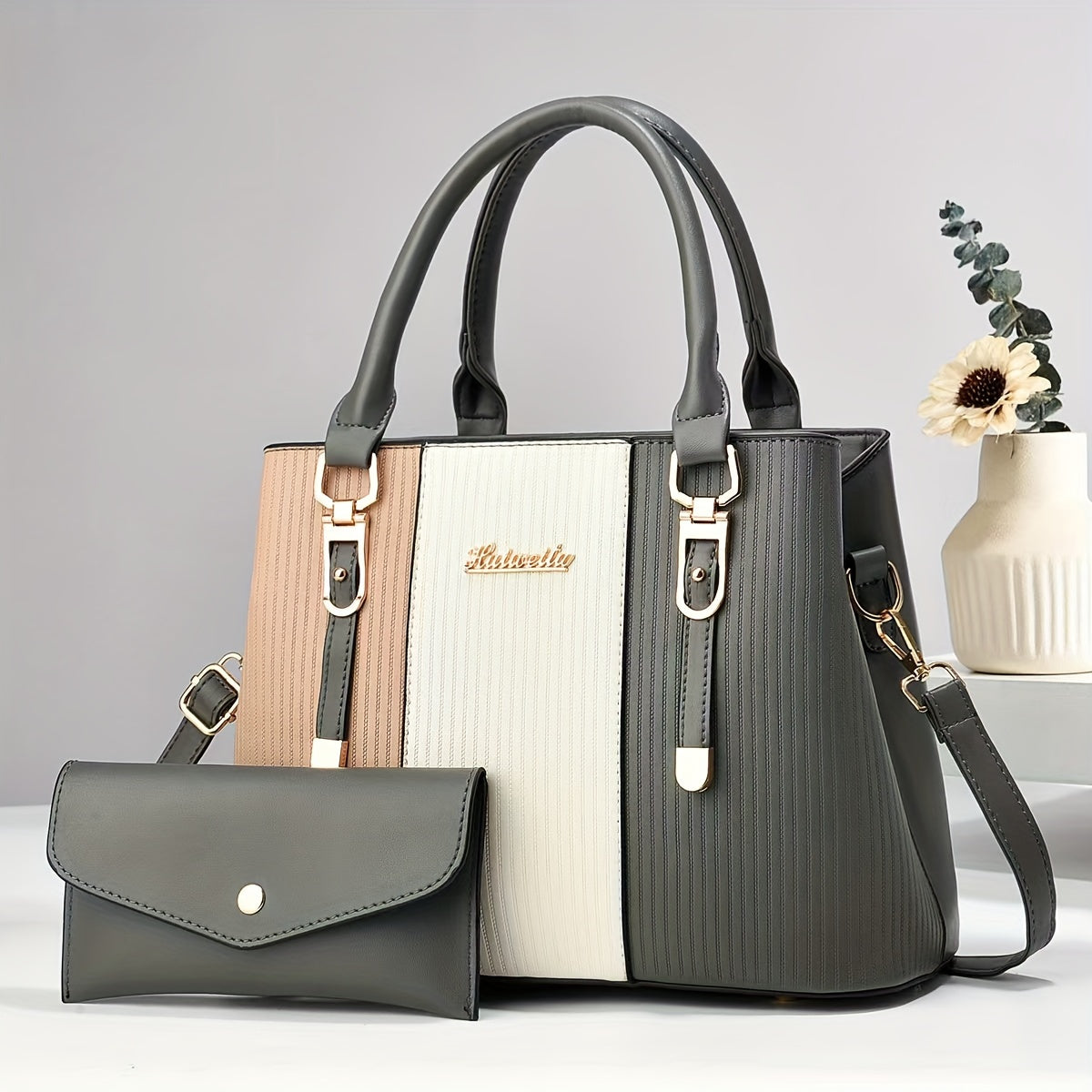 Stylish Colorblock Chic Tote Bag - Fashionable Shoulder & Crossbody Handbag with Detachable Strap, Zip Closure, Polyester Lined Interior, and Spacious Compartments for Organization - For Women - Perfect for Work, Shopping, Tr