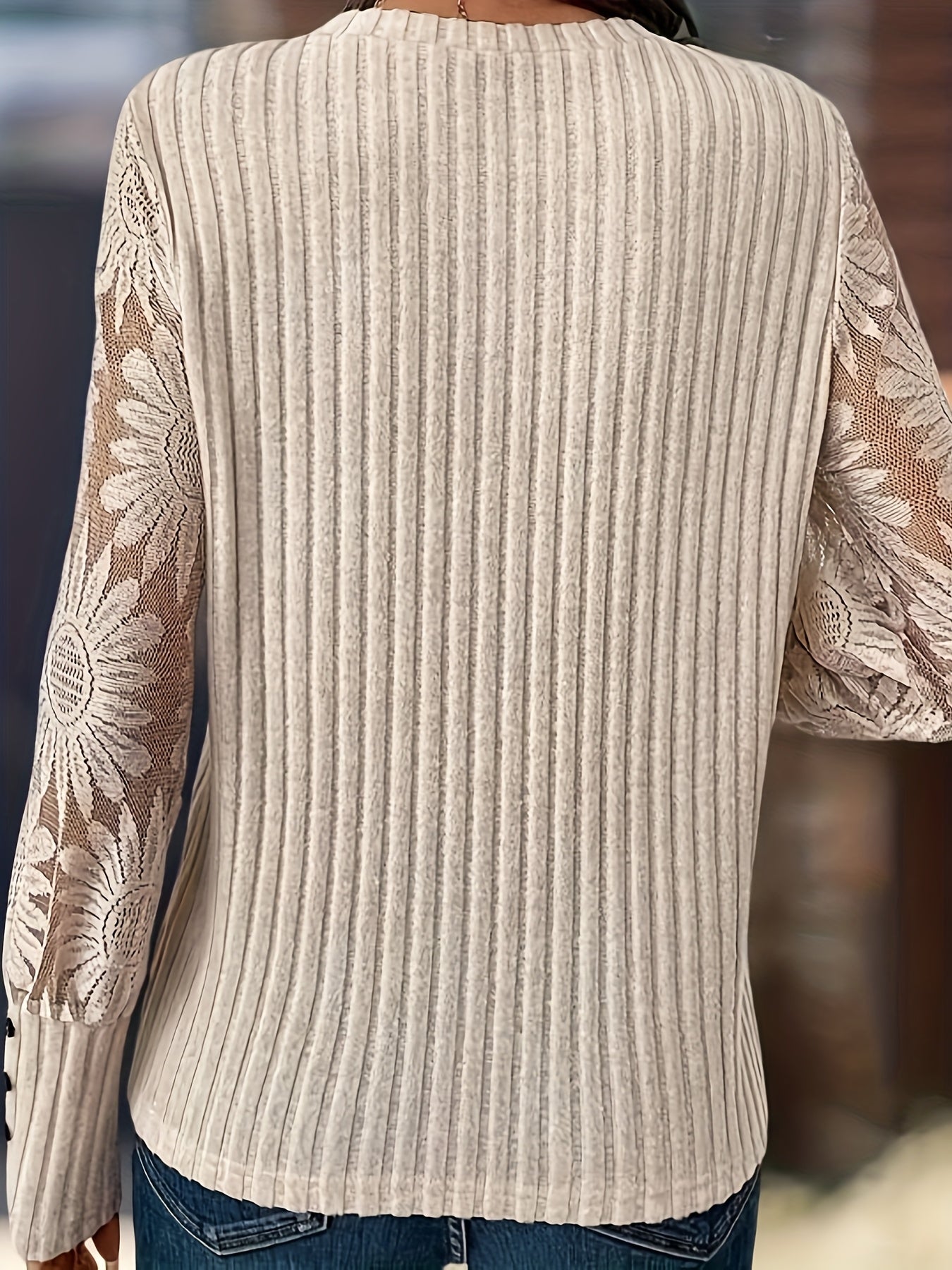 Women'S Elegance Solid Color Striped V-Neck T-Shirt | Color-blocked Lace Long Sleeves, Button Embellishment, Fashionable Street Beach Party Formal Occasion