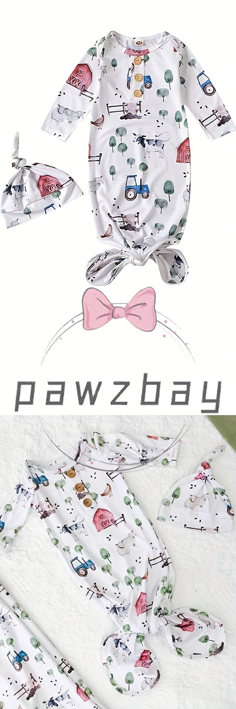 Newborn Baby Boys Girls Gown, Unisex Babies' Cotton Clothing With Hat Outfits