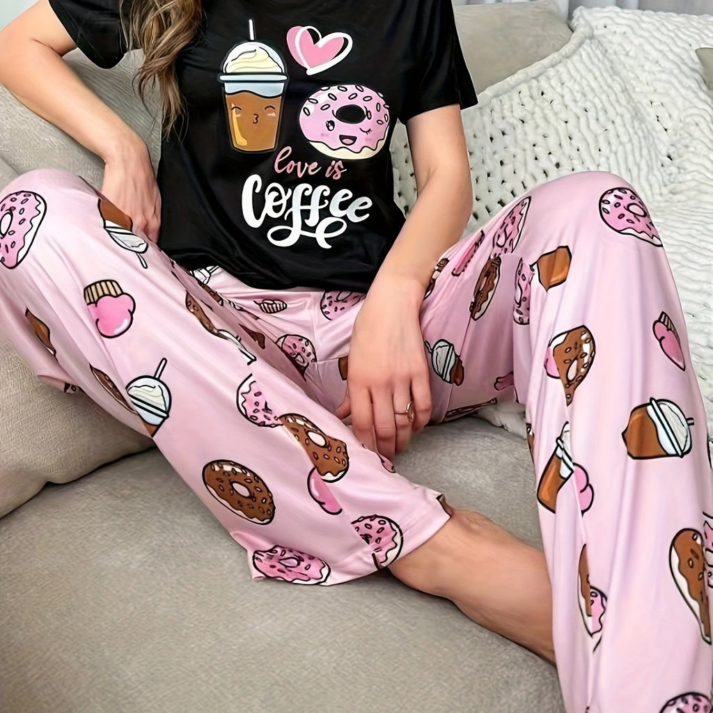 Chic Coffee & Donut Print Pajama Set - Comfy Short Sleeve & Stretch Waist Sleepwear for Women