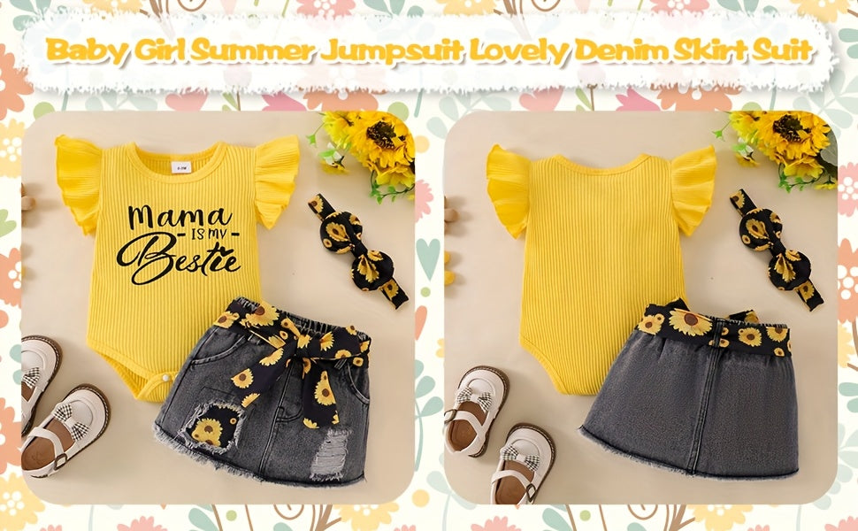 Baby Girl Clothes Newborn Romper Ruffle Sleeve Short Jeans Skirt With Headband Infant Outfits Set 0-18 Months, for Outdoor
