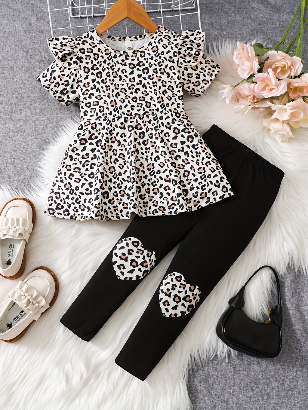 Toddler Girls 2pcs Leopard Print Outfits Flutter Trim Short Sleeve Top + Pants Set Summer Party Gift