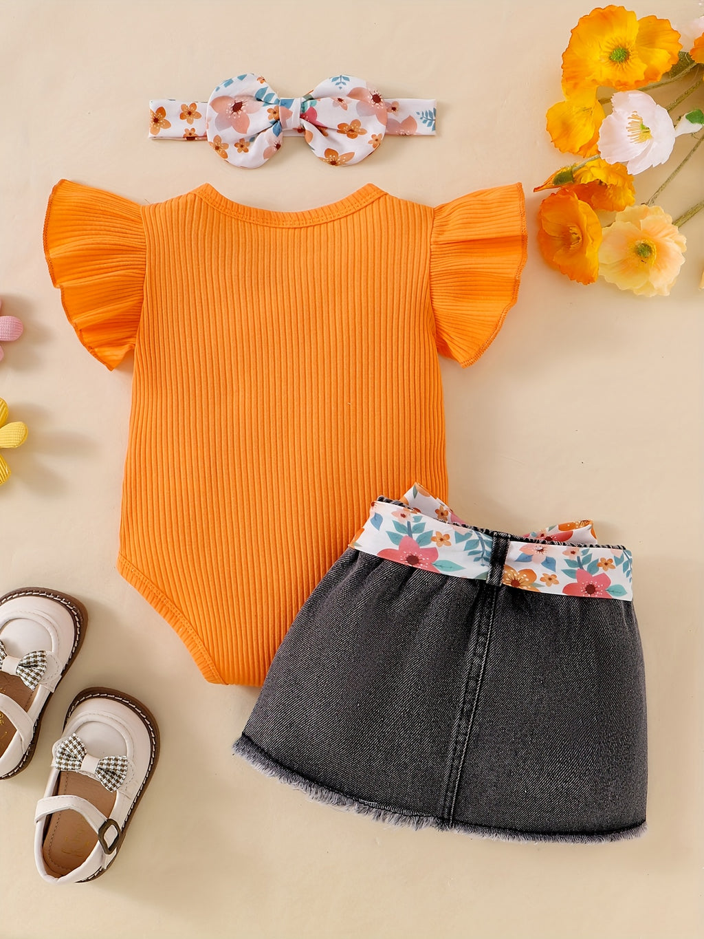 Baby Girl Clothes Newborn Romper Ruffle Sleeve Short Jeans Skirt With Headband Infant Outfits Set 0-18 Months, for Outdoor