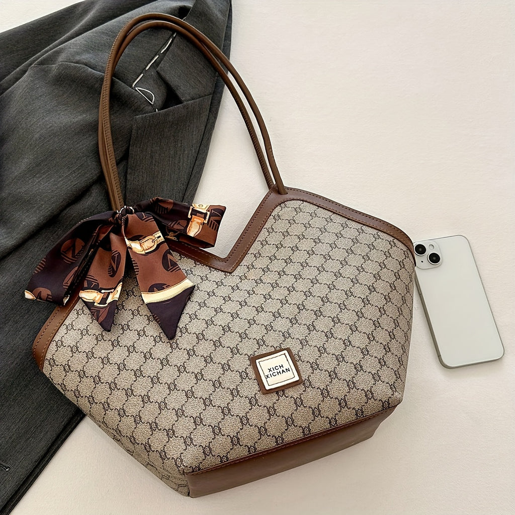 LABOONOO Women'S Vintage-Inspired Tote Bag with Scarf - Elegant, Large Capacity, Zip Closure, Grey & Beige Pattern, Perfect for Casual or Retro Outfits