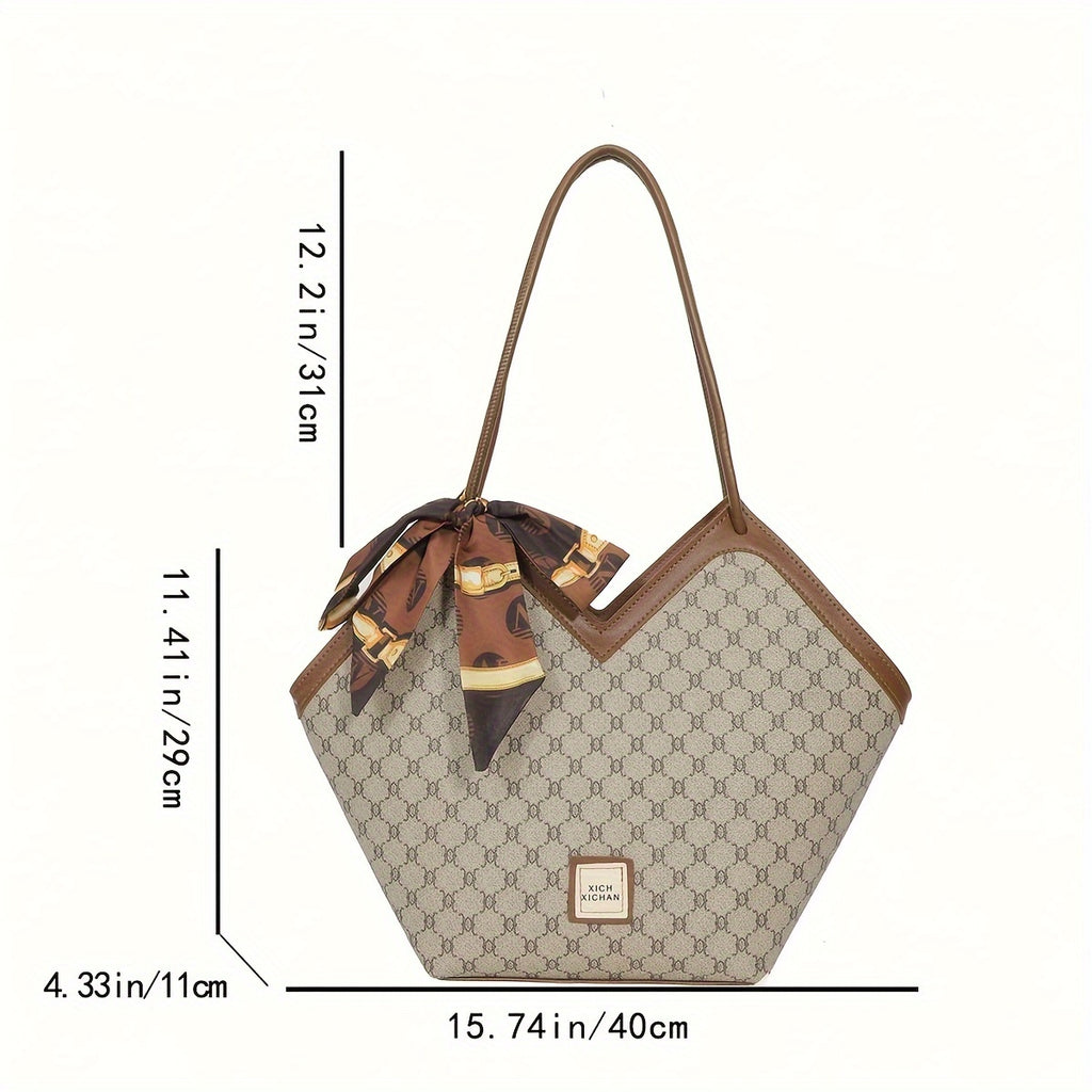 LABOONOO Women'S Vintage-Inspired Tote Bag with Scarf - Elegant, Large Capacity, Zip Closure, Grey & Beige Pattern, Perfect for Casual or Retro Outfits