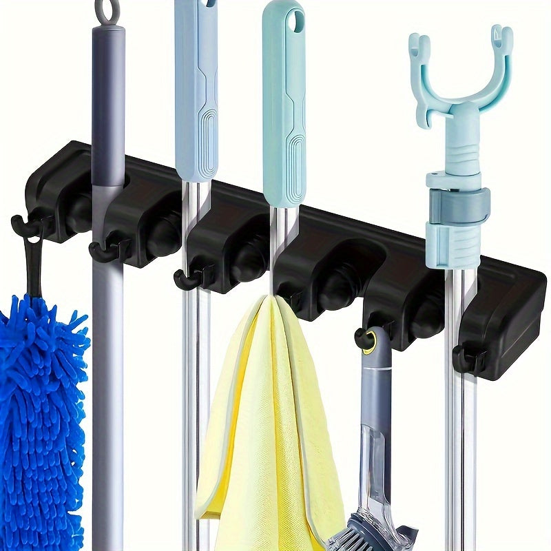 Wall Mounted Broom & Tool Organizer | 5 Slots 6 Hooks Storage Rack