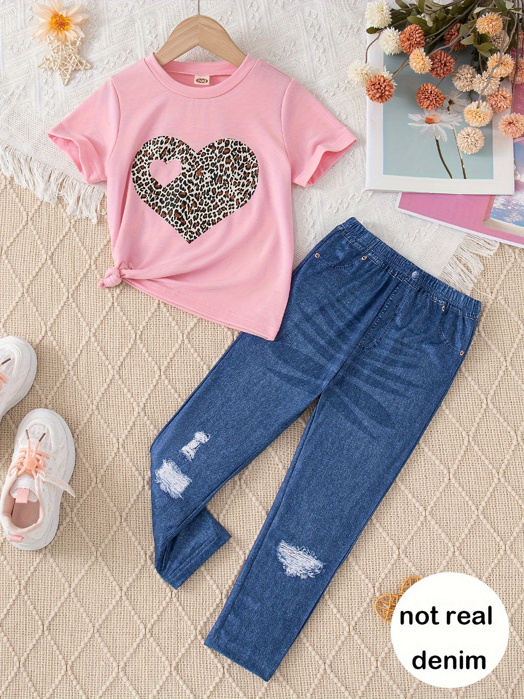 2pcs, Girls Heart Graphic T-shirt + Imitation Denim Print Pants Set Casual Outfits For Girls Outdoor Gift