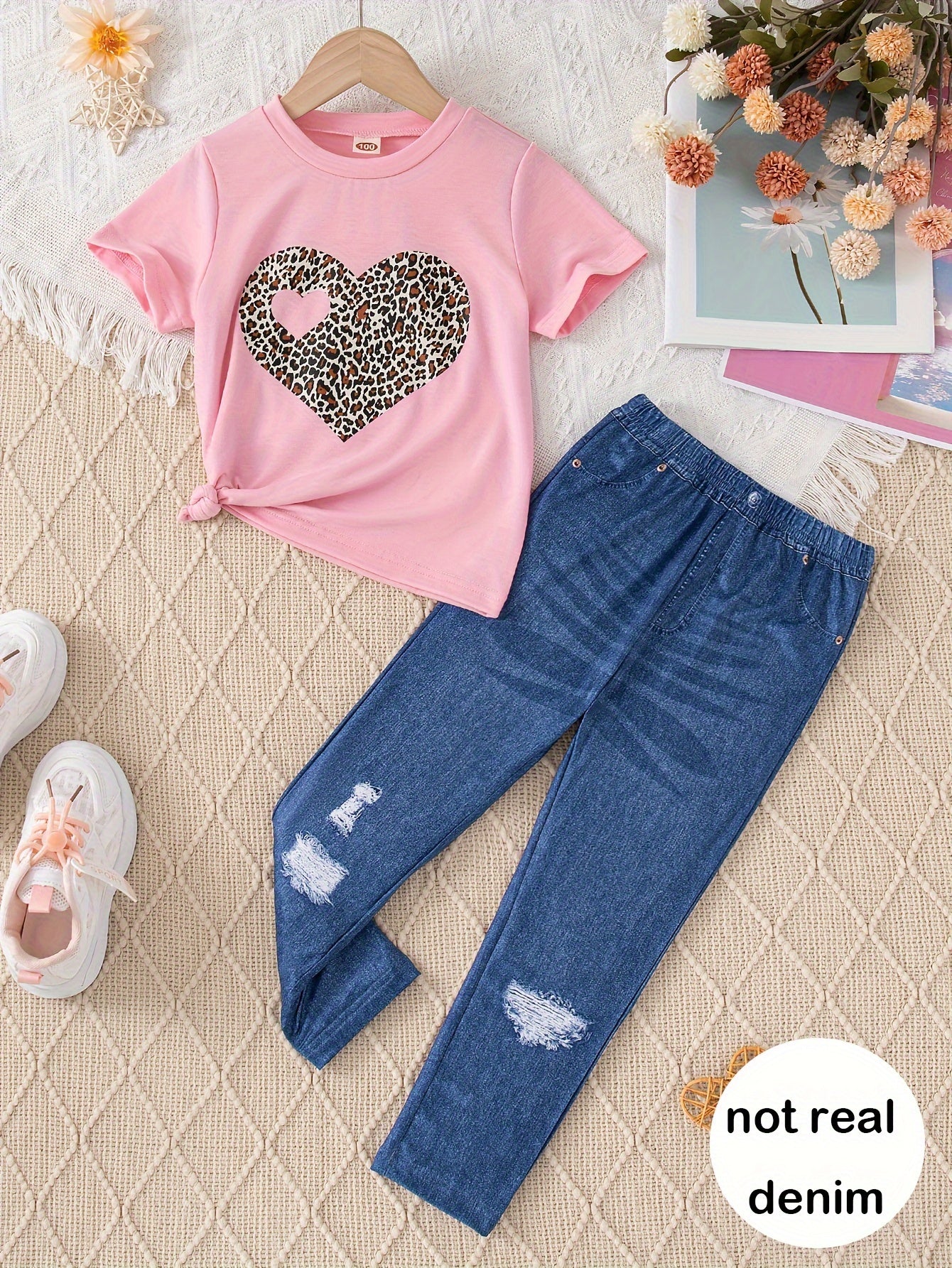 2pcs, Girls Heart Graphic T-shirt + Imitation Denim Print Pants Set Casual Outfits For Girls Outdoor Gift