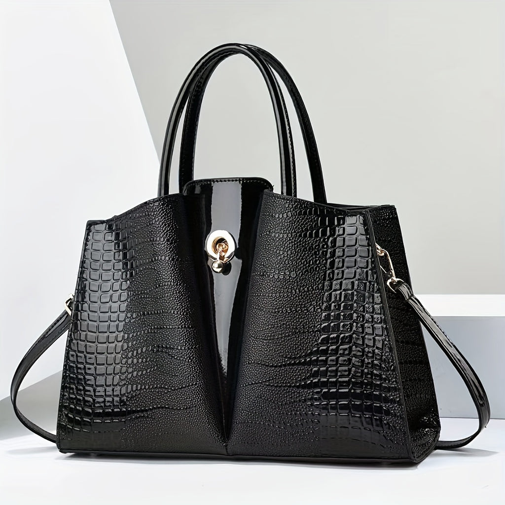 Large Capacity Crocodile Pattern Tote Bag, Luxury & Elegant Style PU Leather Handbag For Daily Outfits