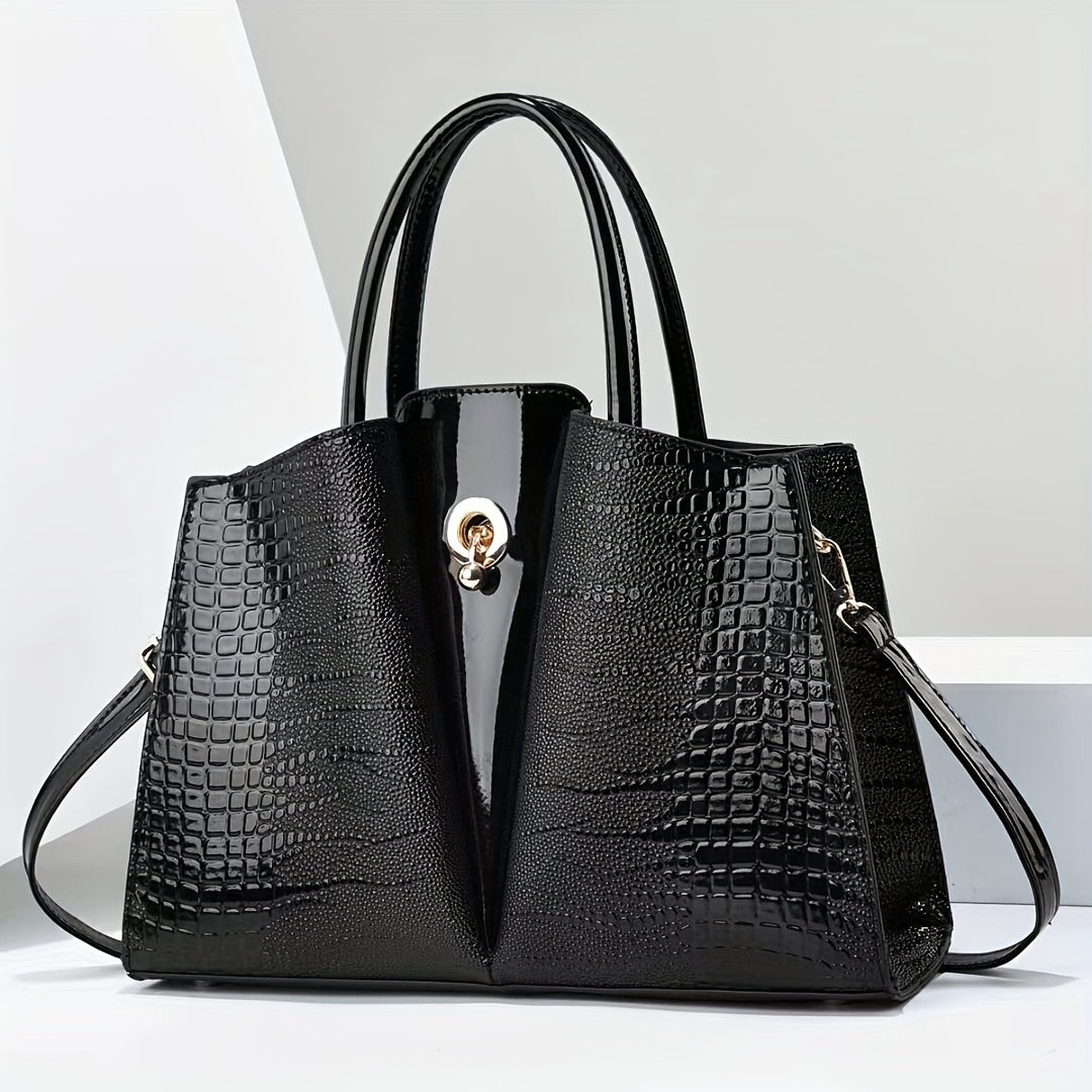 Large Capacity Crocodile Pattern Tote Bag, Luxury & Elegant Style PU Leather Handbag For Daily Outfits