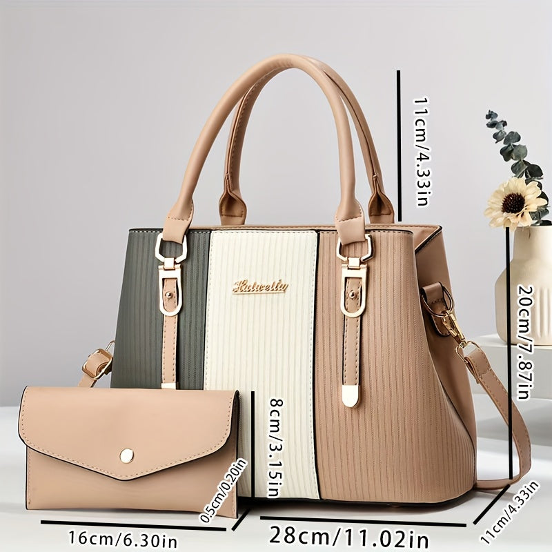 Stylish Colorblock Chic Tote Bag - Fashionable Shoulder & Crossbody Handbag with Detachable Strap, Zip Closure, Polyester Lined Interior, and Spacious Compartments for Organization - For Women - Perfect for Work, Shopping, Tr