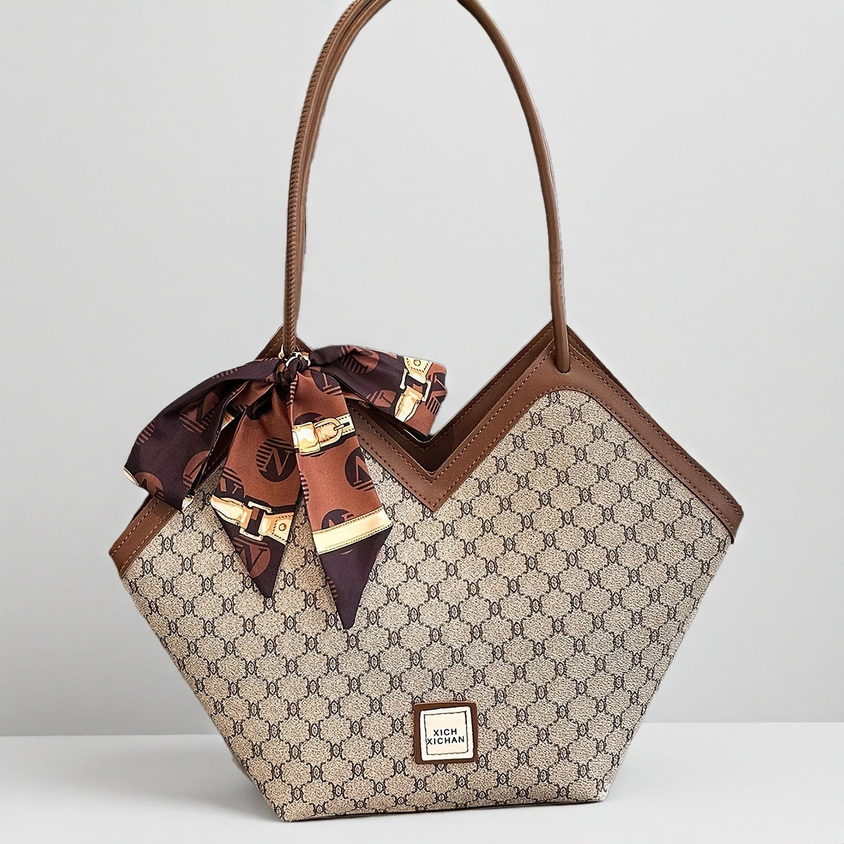 LABOONOO Women'S Vintage-Inspired Tote Bag with Scarf - Elegant, Large Capacity, Zip Closure, Grey & Beige Pattern, Perfect for Casual or Retro Outfits
