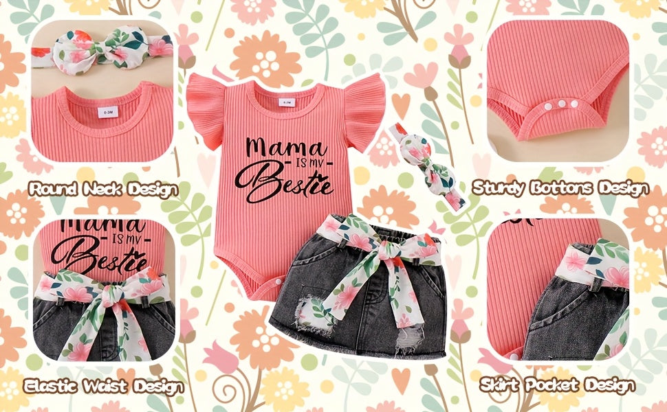 Baby Girl Clothes Newborn Romper Ruffle Sleeve Short Jeans Skirt With Headband Infant Outfits Set 0-18 Months, for Outdoor