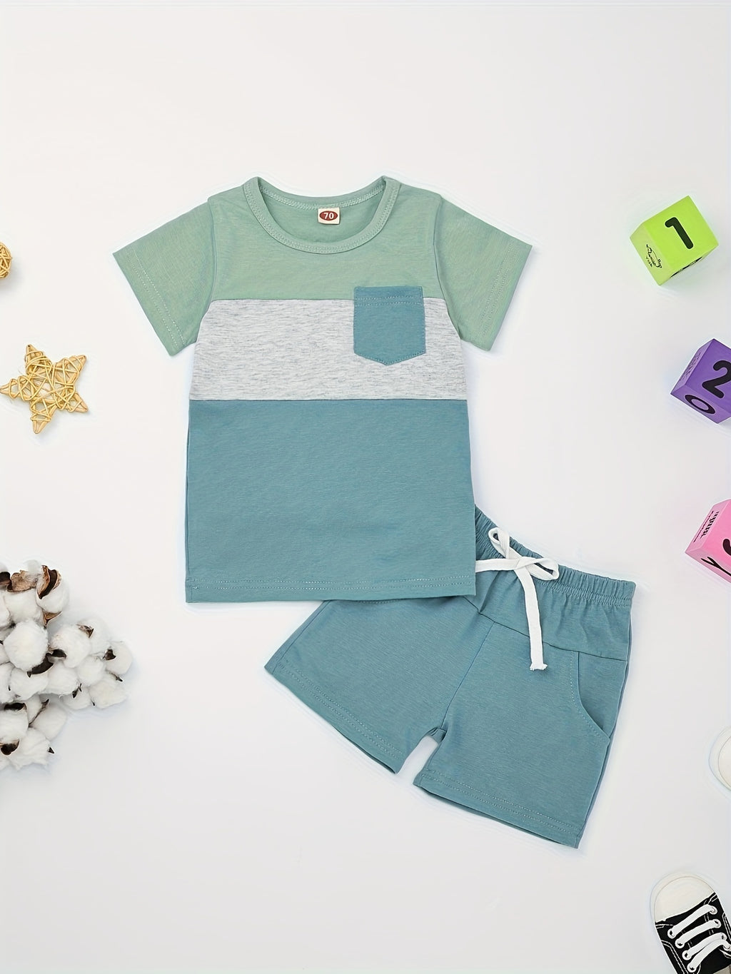 Baby Boy Clothes Toddler Boy Summer Outfits Short Sleeve Patchwork Top T-shirt & Pocket Pant Set 2 Piece 12 Months-4T