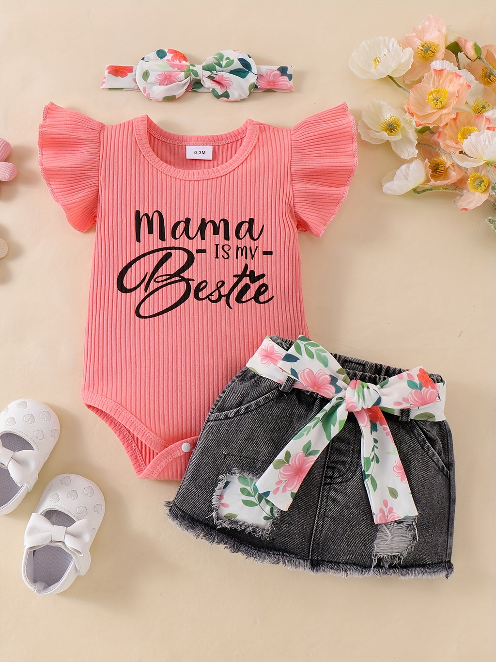 Baby Girl Clothes Newborn Romper Ruffle Sleeve Short Jeans Skirt With Headband Infant Outfits Set 0-18 Months, for Outdoor