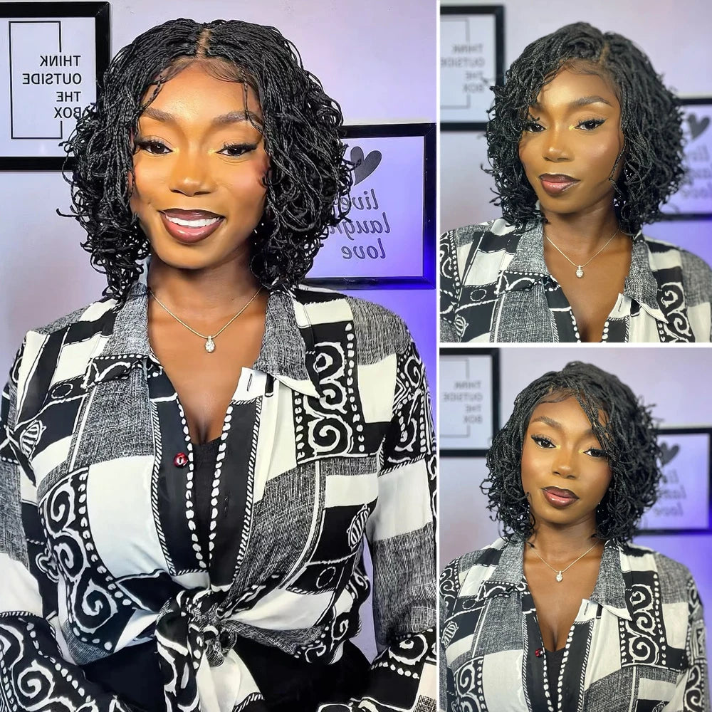 Short Curly Braids Bob Wig For Black Women Double Full Lace Front Curly Micro Box Braided Bob Wig with Baby Hair Pre Plucked