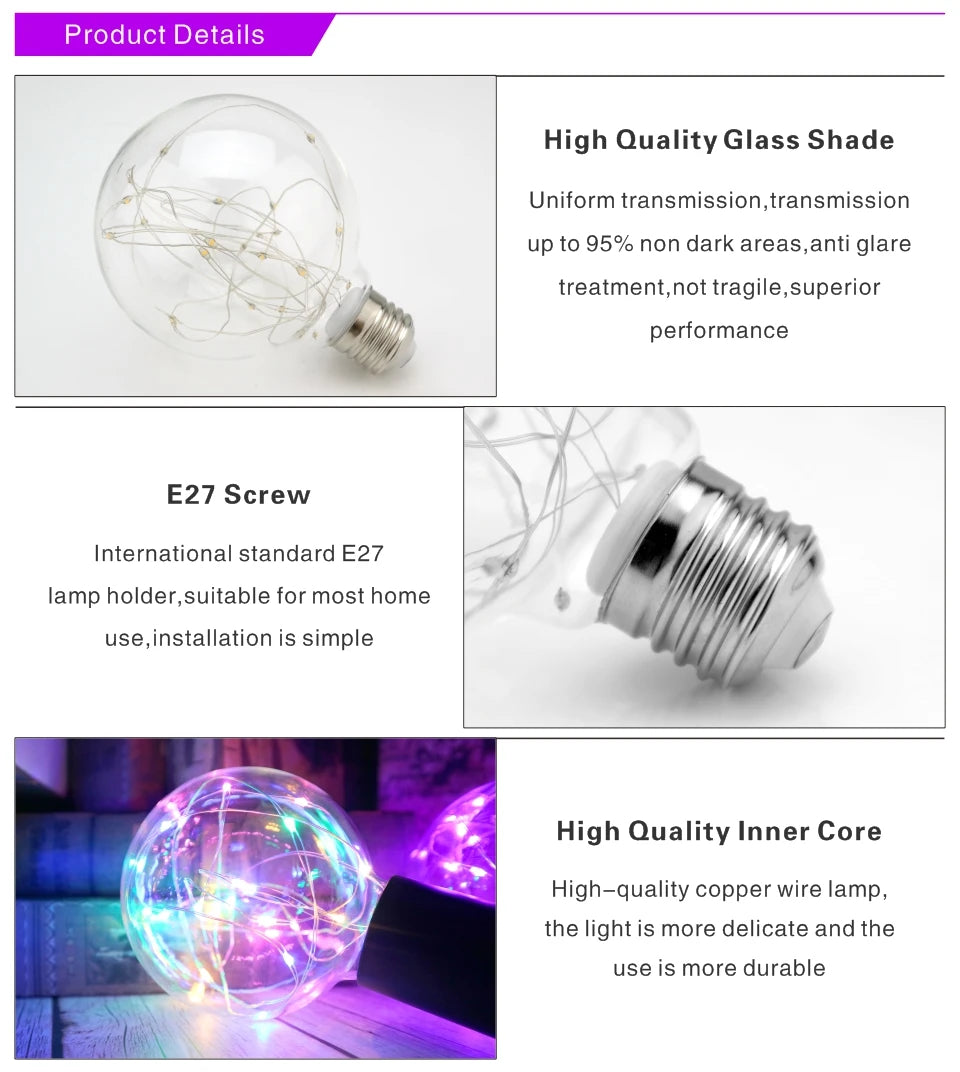LED Edison String Night Light Bulb E27 110V 220V G95 Colorful Round Globe Glass RGB Copper Wire Bulb Home Decor Holiday Lamp