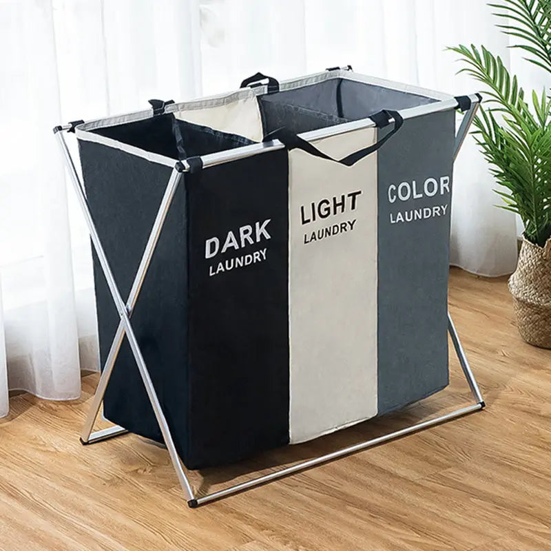 1pc Retail Quality X-Shape Foldable Hamper Three Grid Home Laundry Storage Bag with Lid Good for Dirty Laundry