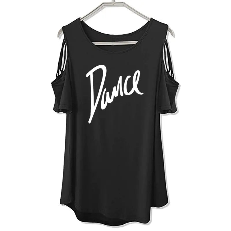 Women T-shirt 2026 New Fashion T Shirt Ladies Casual Letter Dance T-shirt Summer Casual Off Shoulder Hollow Femme Tops Tee