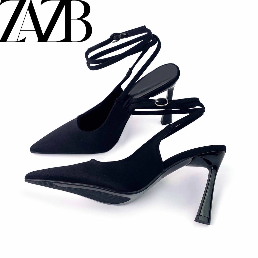 Women's Crossed Thin Ribbon Pointed Toe Heeled Sandals
